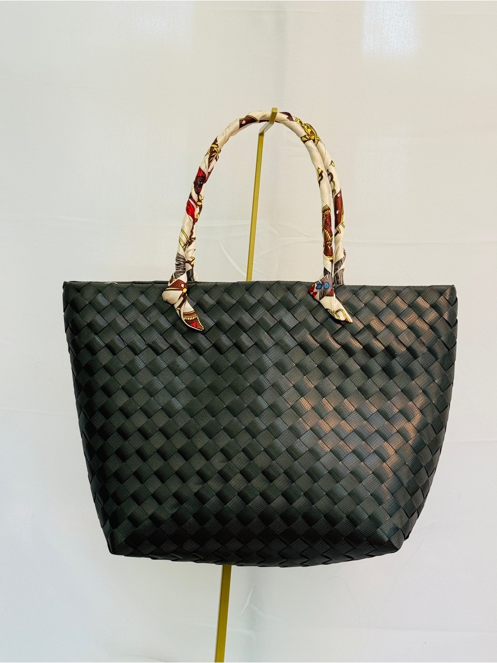 Black Woven Tote Bag with Colorful Hand-painted Floral Design. - Picture 2 of 2